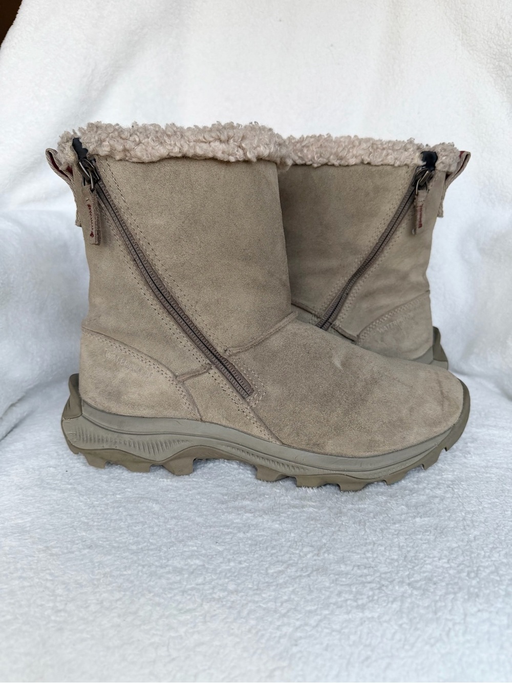 Merrell IcePack waterproof Winter Boots Taupe Suede Faux Fur Sz 8